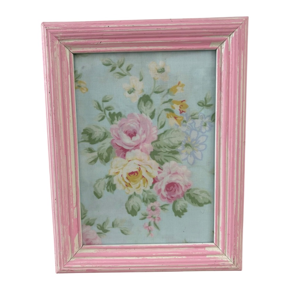 Shabby Chic Distressed Pink Wooden Picture Frame Floral Fabric Inlay 7x9 Cottage